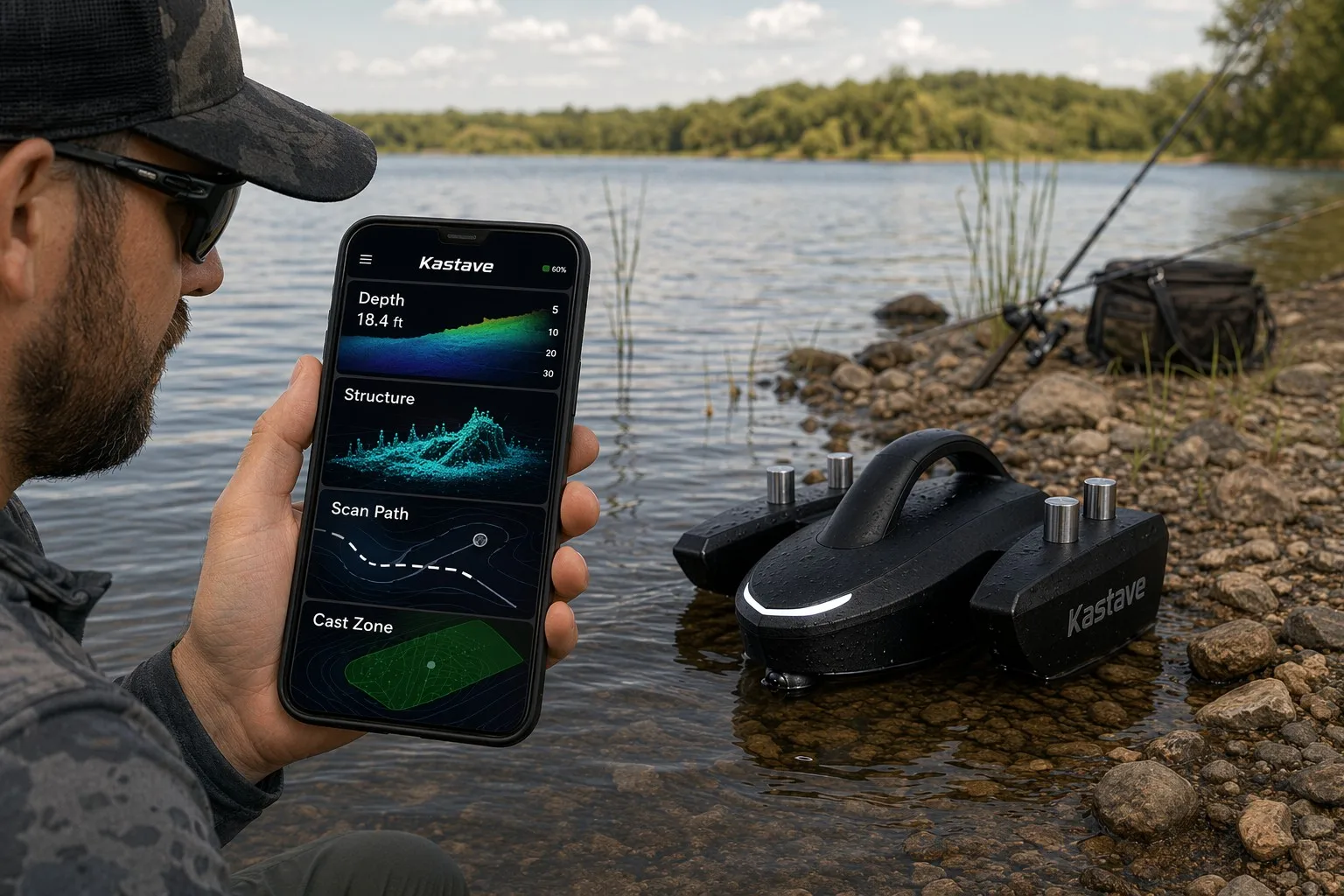 Kastave scan output visible on a phone beside the water