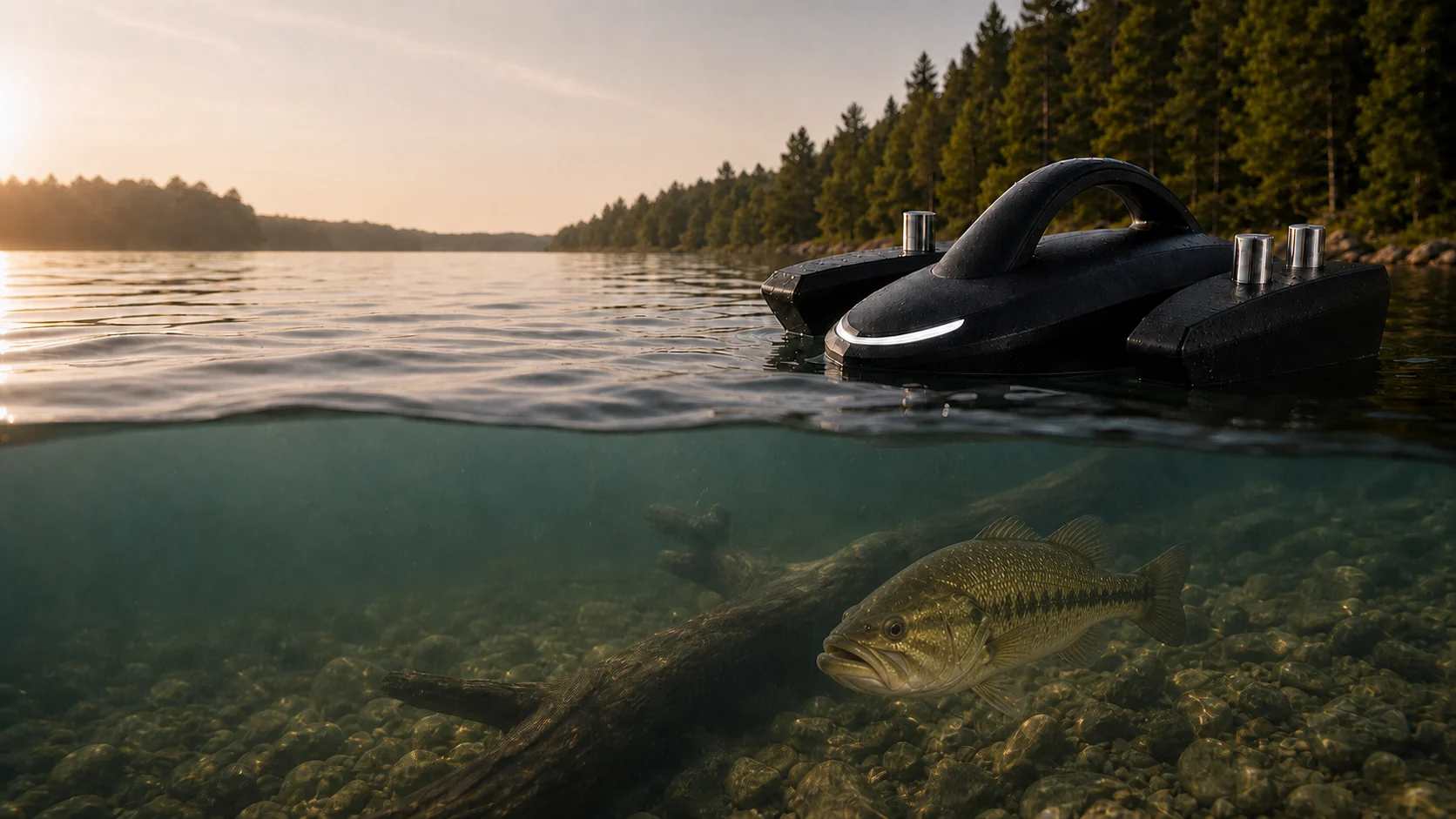 Kastave autonomous sonar scouting robot above freshwater with a largemouth bass visible beneath the surface.