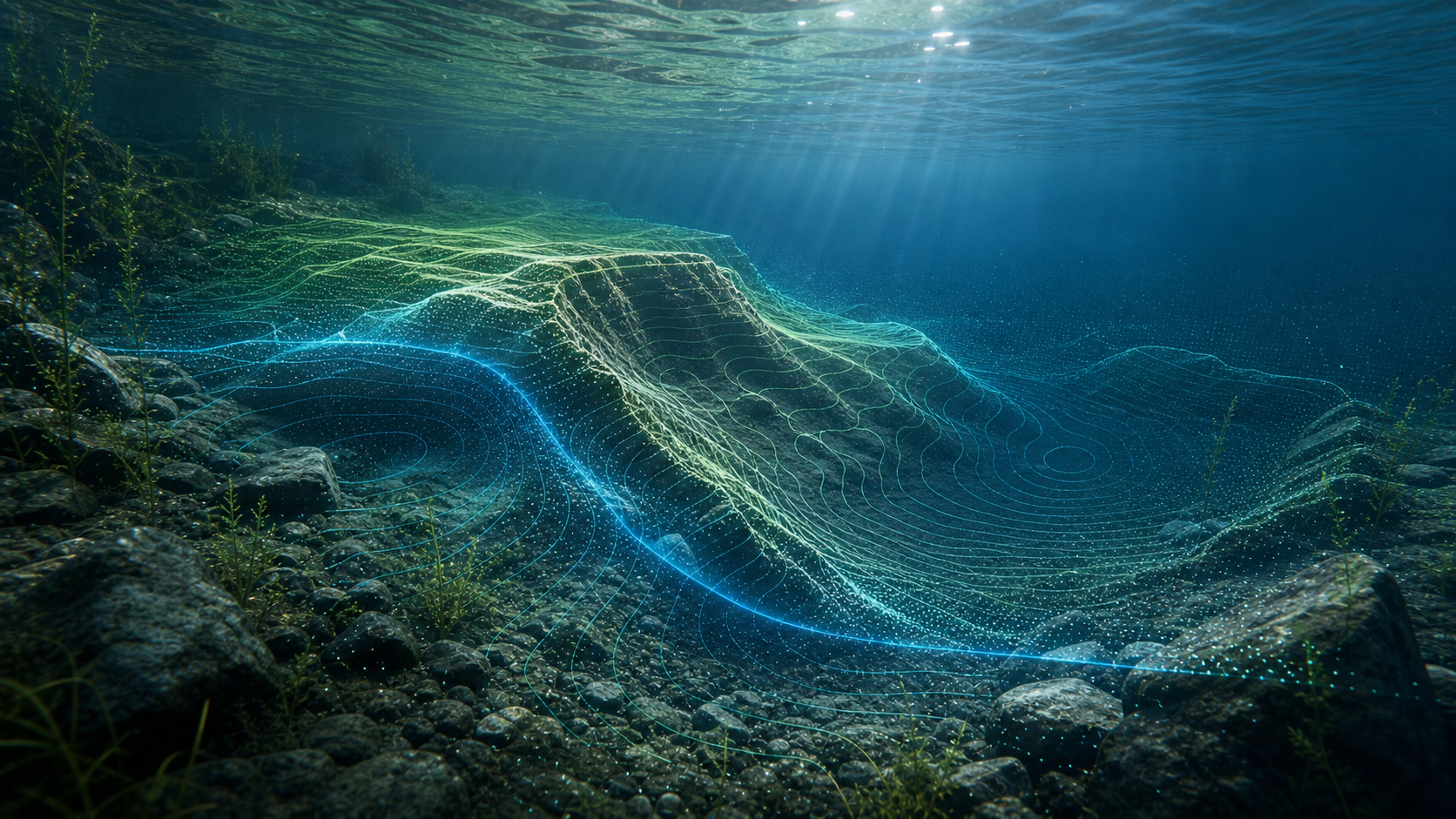 Kastave app showing a 3D underwater terrain map