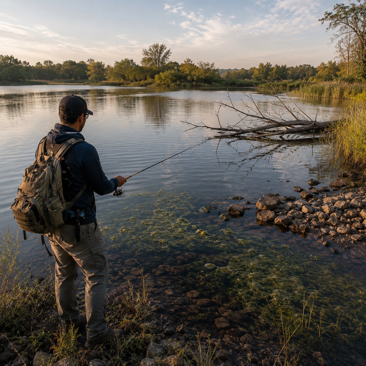 Lure angler fishing a lake shoreline with submerged vegetation