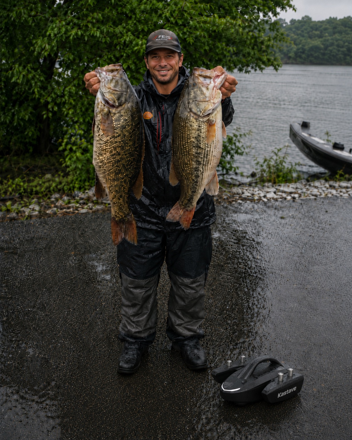 Early tester holding two bass after testing Kastave