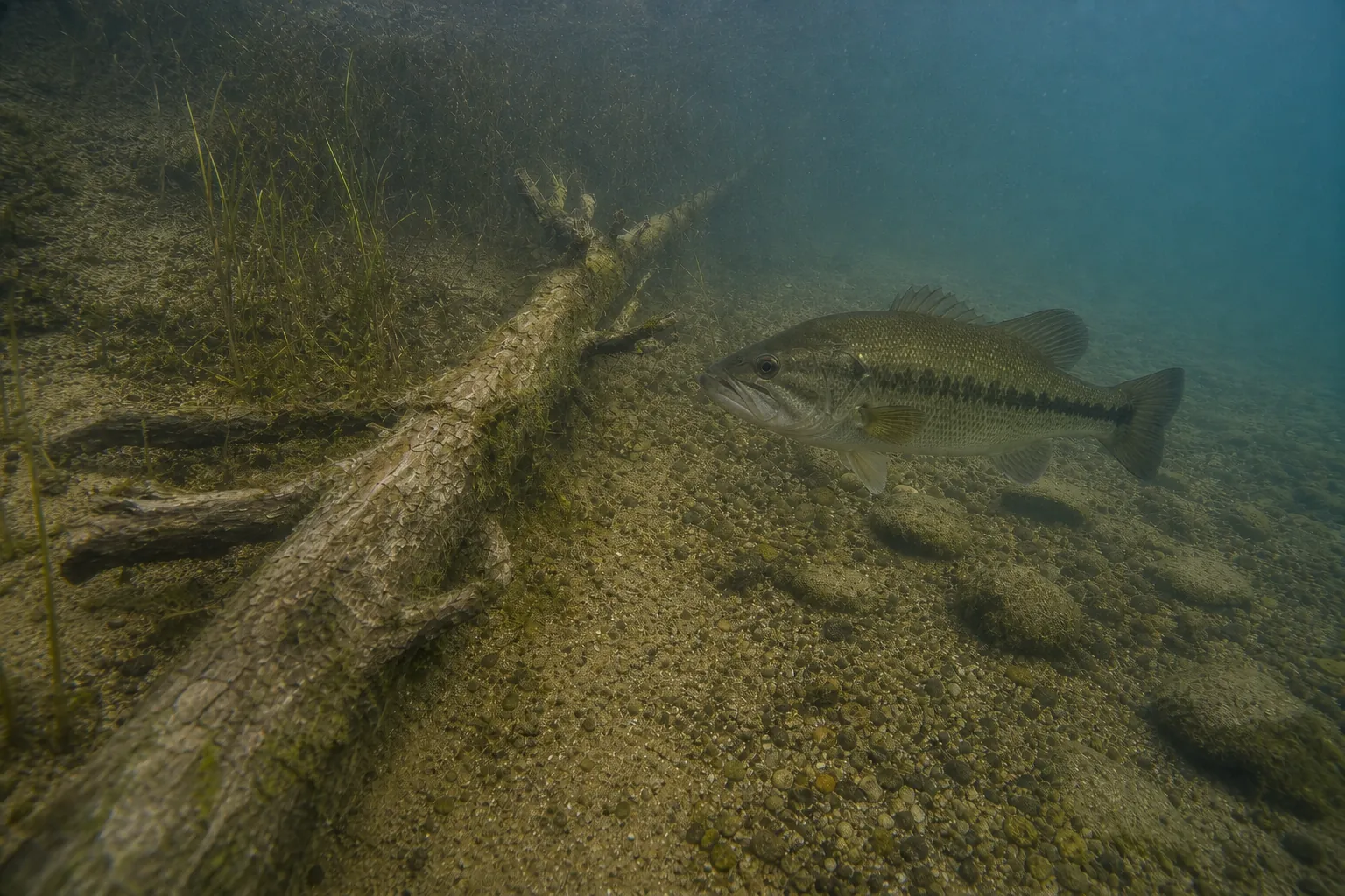 Real underwater freshwater structure with a largemouth bass beside submerged wood, rock and bottom transition